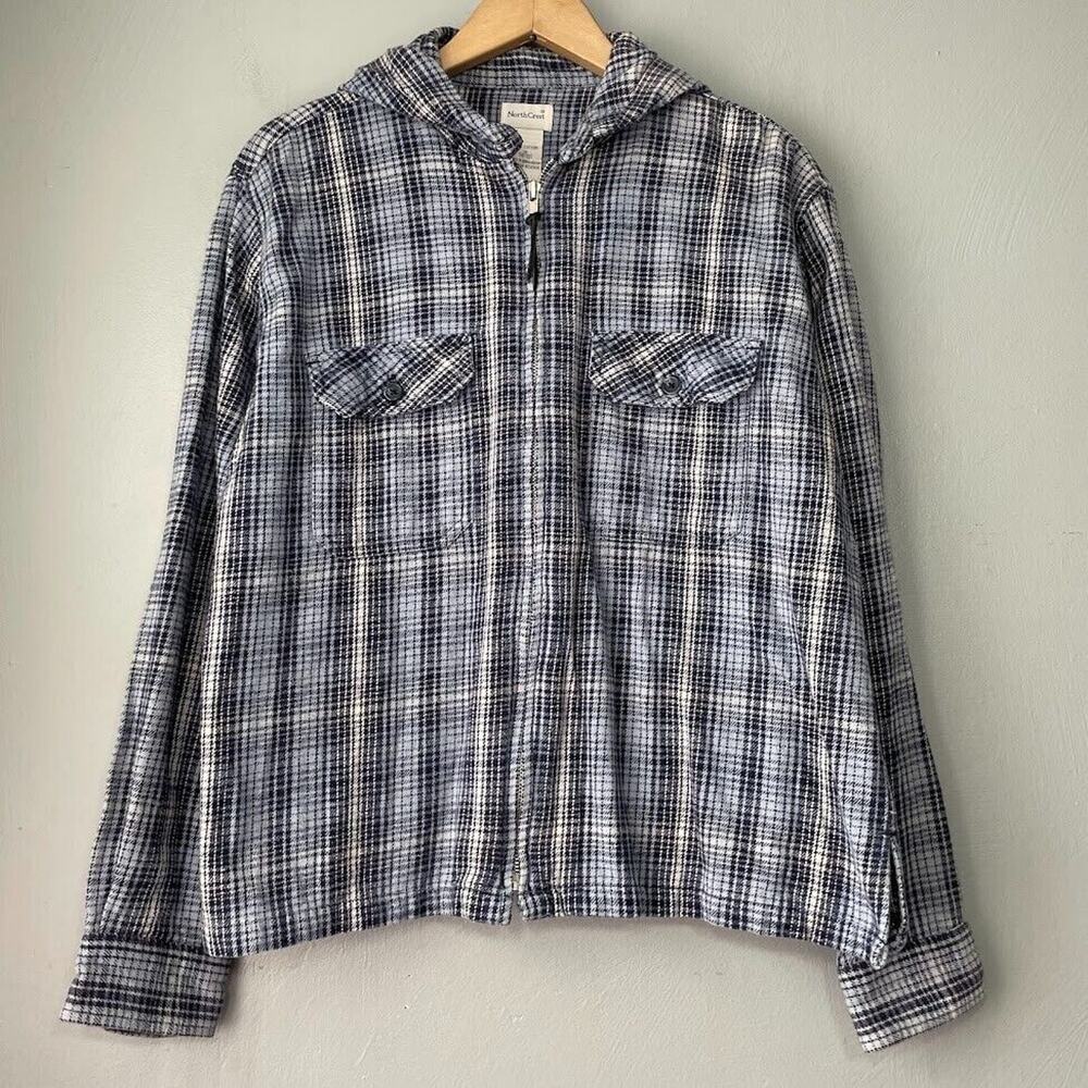 NorthCrest Size Medium Blue Plaid Flannel Hooded Shirt Shacket 90s Y2K Grunge